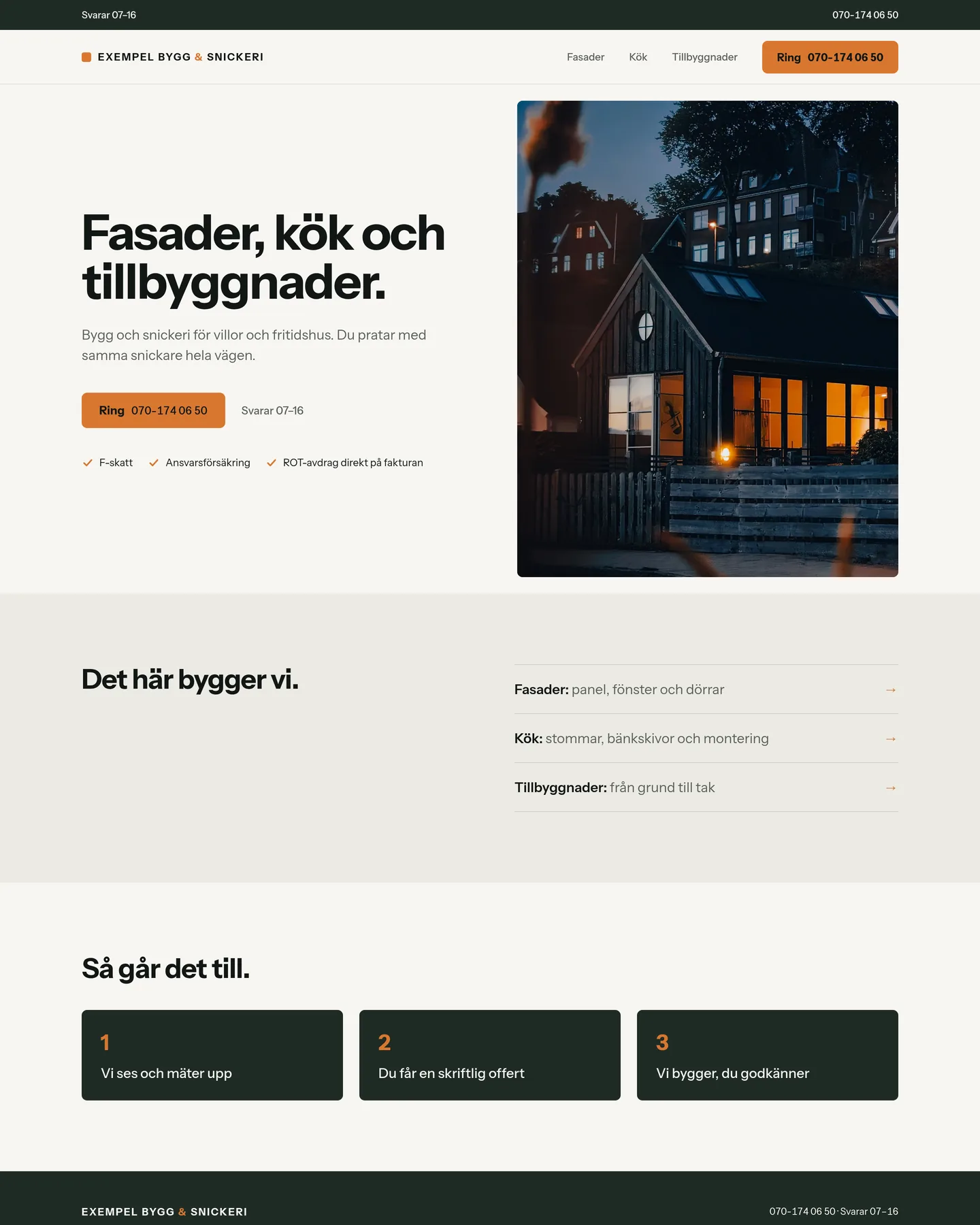 Exempel på förslag för Exempel Bygg & Snickeri, en påhittad firma, i dator: rubriken Fasader, kök och tillbyggnader över ett foto av en fasad.